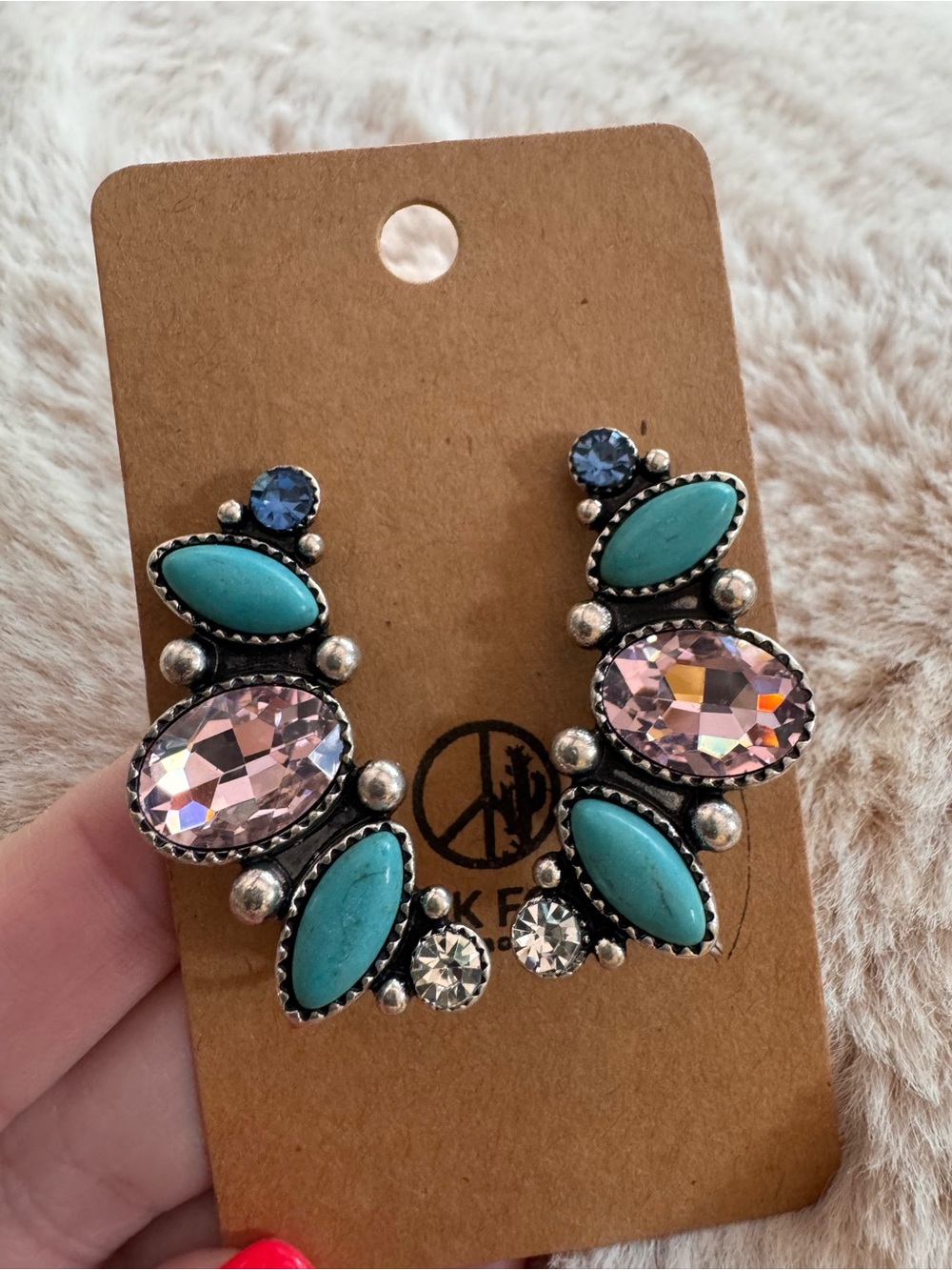 Faux turquoise rhinestone crawler earring with post and clamp. Faux silver. NWT